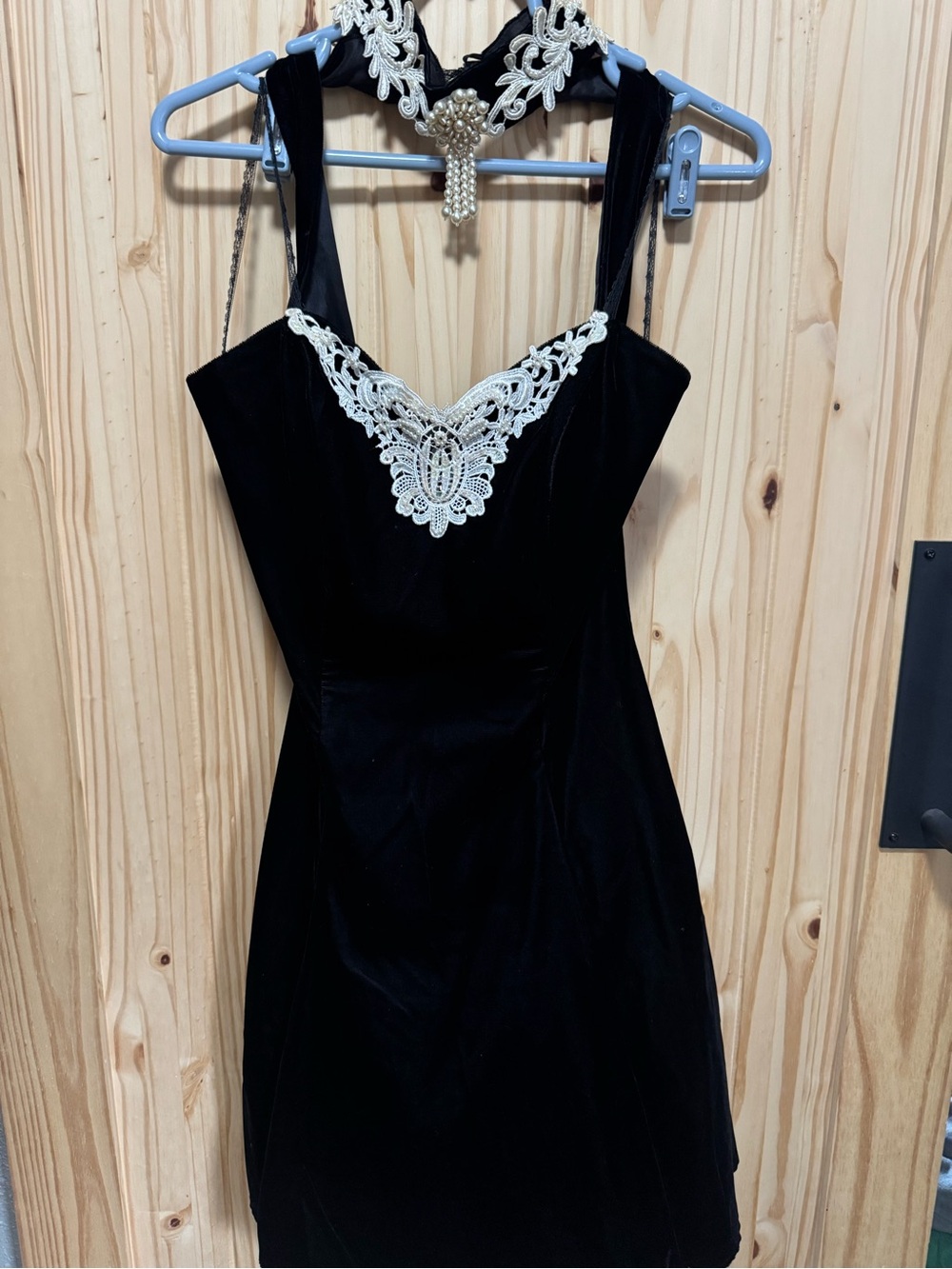 Black Dress with Cream Lace Accent - Elegant Women's Evening Dress